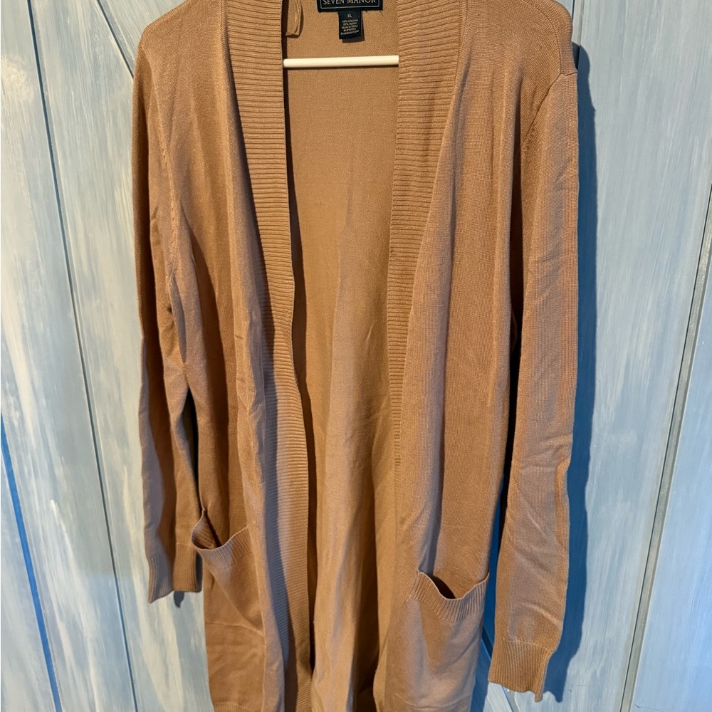 Seven Manor XL Open-Front Women's Cardigan with Pockets Camel